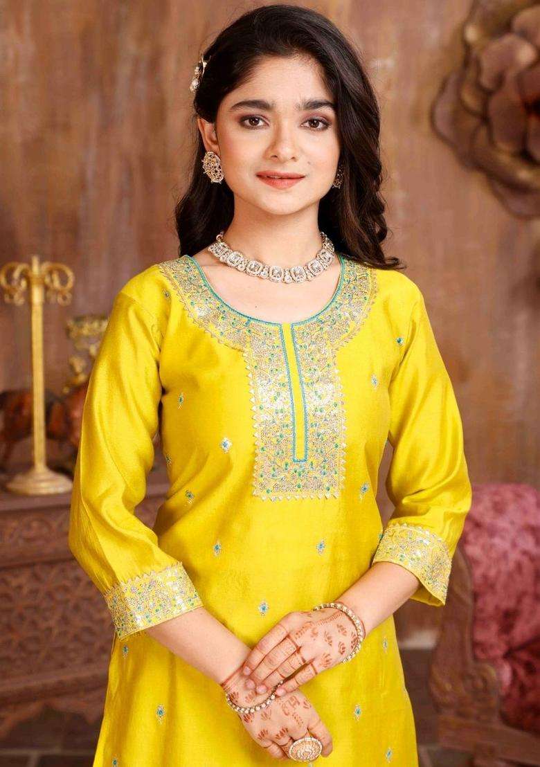 Yellow Embroidered Silk Kurta Set For Girls - Indya