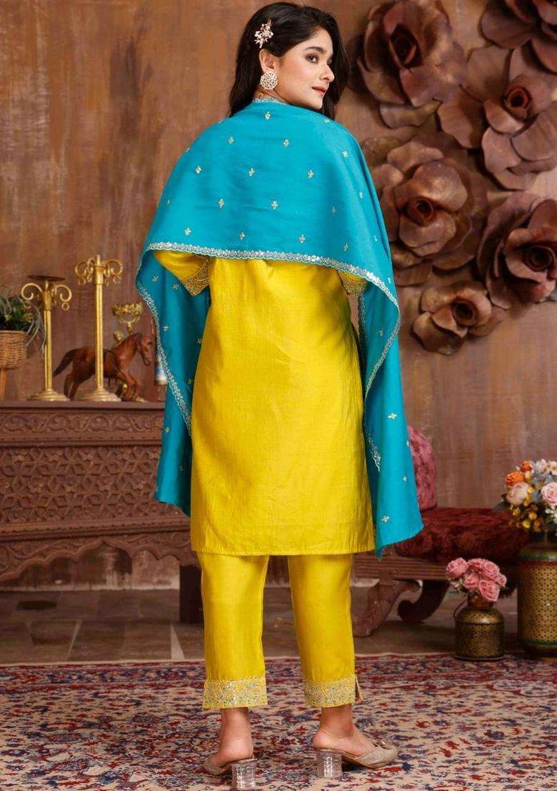 Yellow Embroidered Silk Kurta Set For Girls - Indya