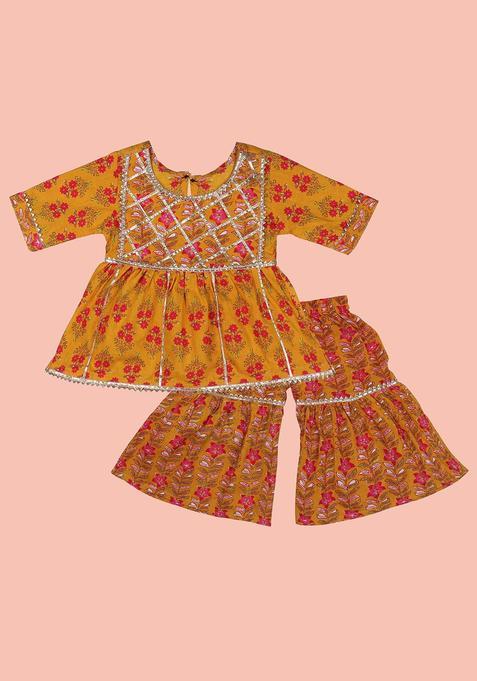 Yellow Printed Cotton Anarkali Kurta Set For Girls — view on Indya