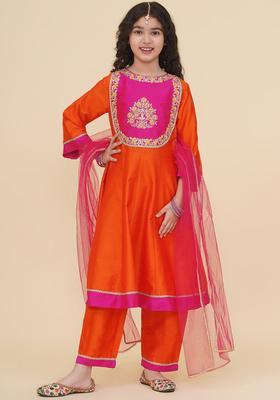 Orange Yoke Design Silk Anarkali Kurta Set For Girls