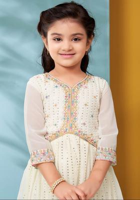 Cream Embroidered Georgette Kurta Set For Girls
