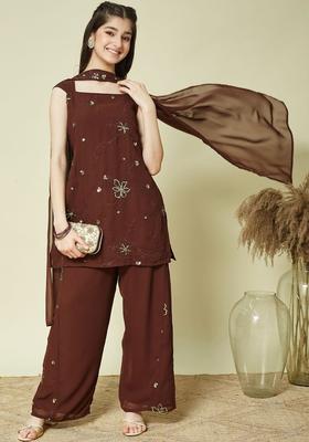 Coffee Brown Embroidered Georgette Kurta Set For Girls