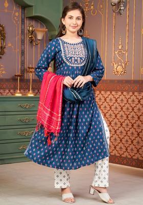 Turquoise Blue Printed Viscose Kurta Set For Girls