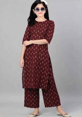 Maroon Printed Silk Kurta Set For Girls