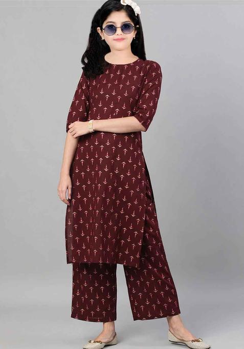 Maroon Printed Silk Kurta Set For Girls — view on Indya