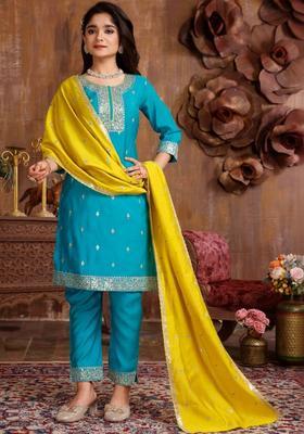 Turquoise Blue Embroidered Silk Kurta Set For Girls