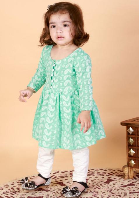 Green Self Design Cotton Kurta Set For Girls — view on Indya