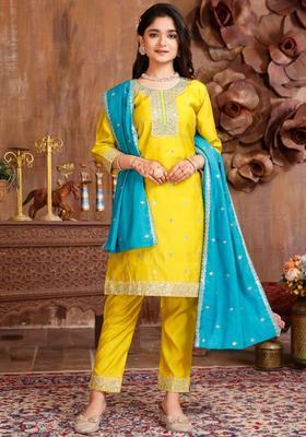 Yellow Embroidered Silk Kurta Set For Girls
