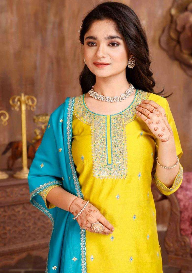 Yellow Embroidered Silk Kurta Set For Girls - Indya