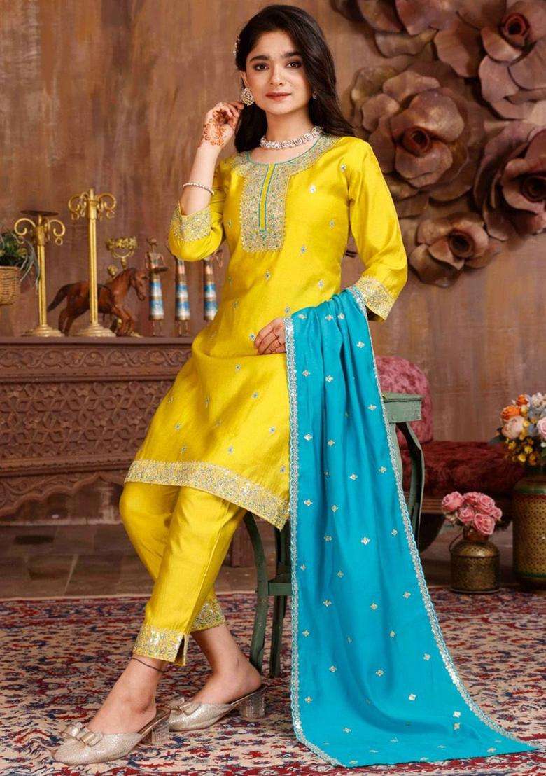 Yellow Embroidered Silk Kurta Set For Girls - Indya