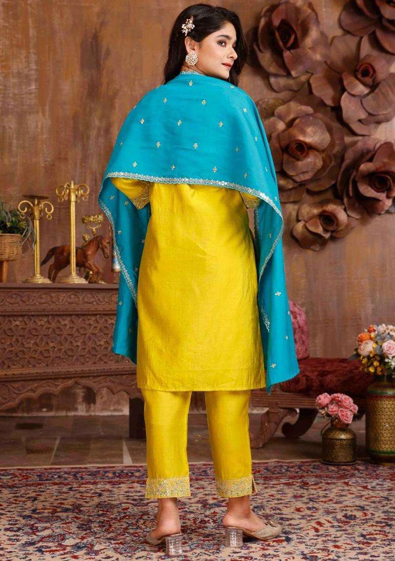 Yellow Embroidered Silk Kurta Set For Girls - Indya