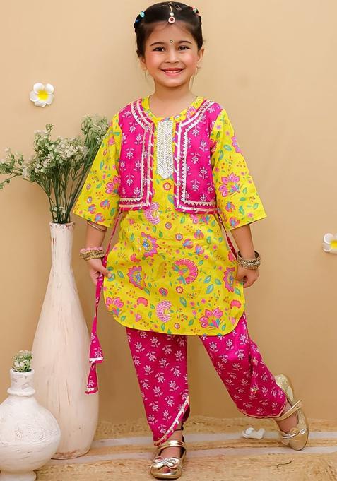 Yellow Printed Cotton Kurta Set For Girls — view on Indya