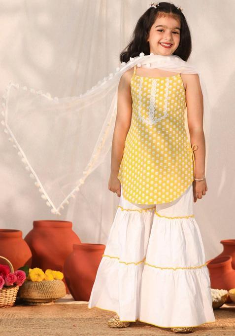 Yellow Printed Cotton Kurta Set For Girls — view on Indya