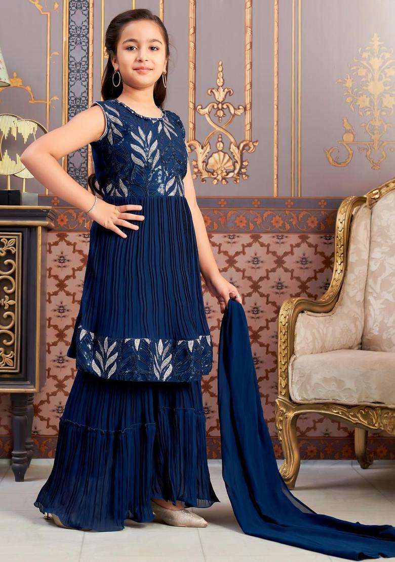 Turquoise Blue  Georgette Kurta Set For Girls - Indya