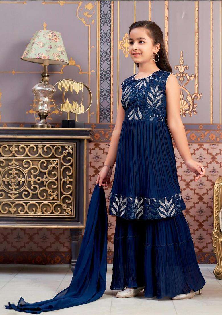 Turquoise Blue  Georgette Kurta Set For Girls - Indya
