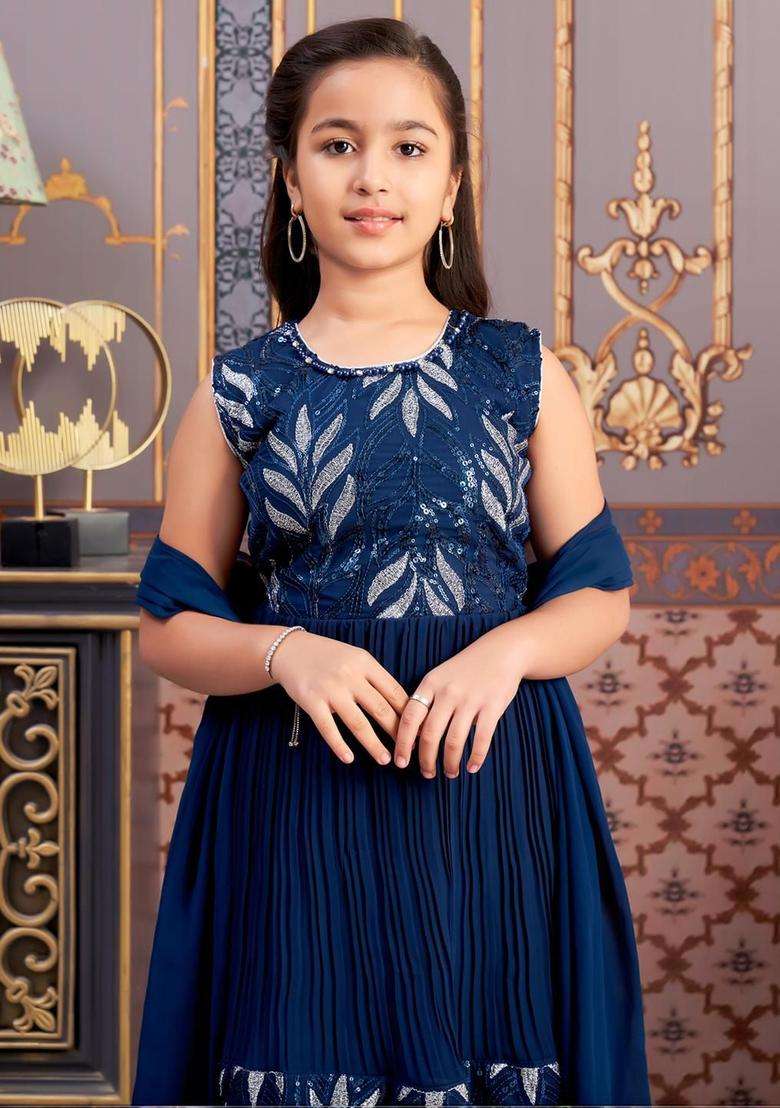 Turquoise Blue  Georgette Kurta Set For Girls - Indya