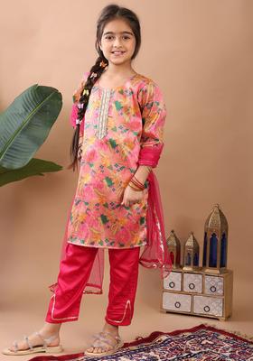 Pink Printed Chinon Kurta Set For Girls