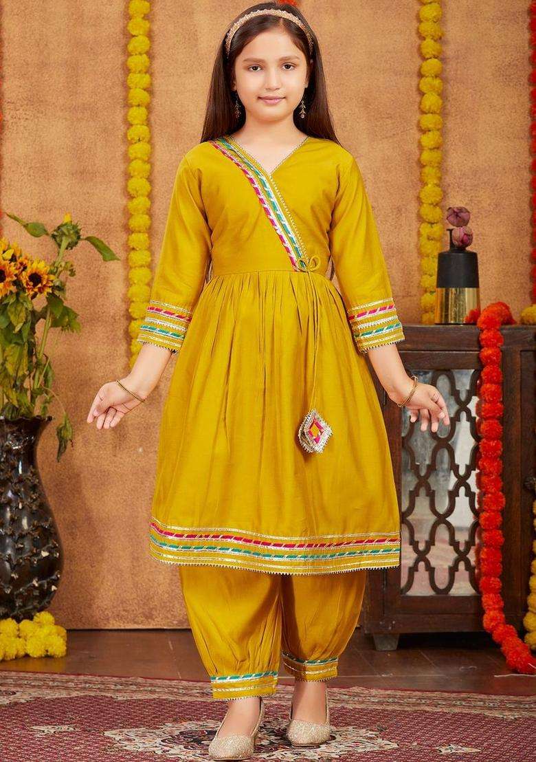 Yellow Embroidered Silk Kurta Set For Girls - Indya