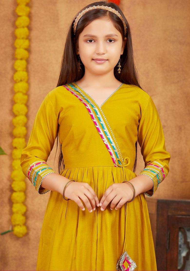 Yellow Embroidered Silk Kurta Set For Girls - Indya