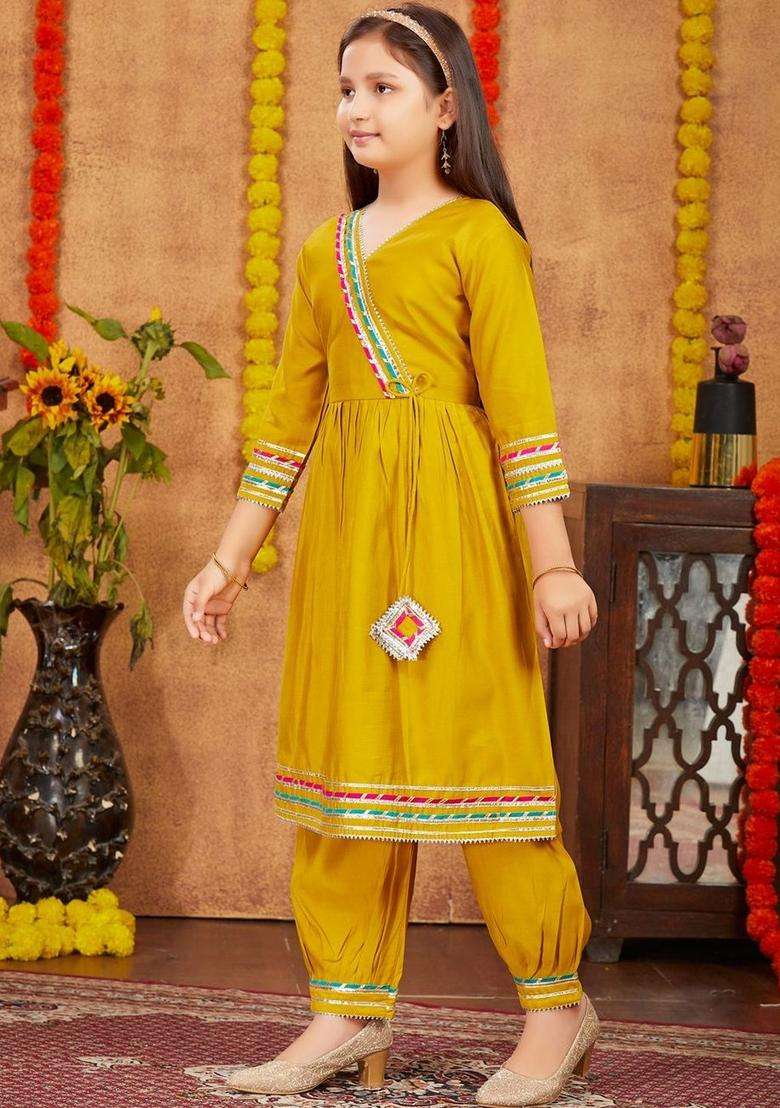 Yellow Embroidered Silk Kurta Set For Girls - Indya