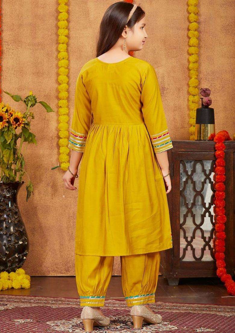 Yellow Embroidered Silk Kurta Set For Girls - Indya