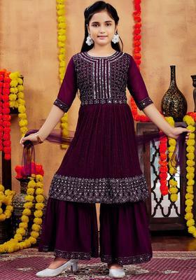 Purple Embroidered Georgette Anarkali Kurta Set For Girls