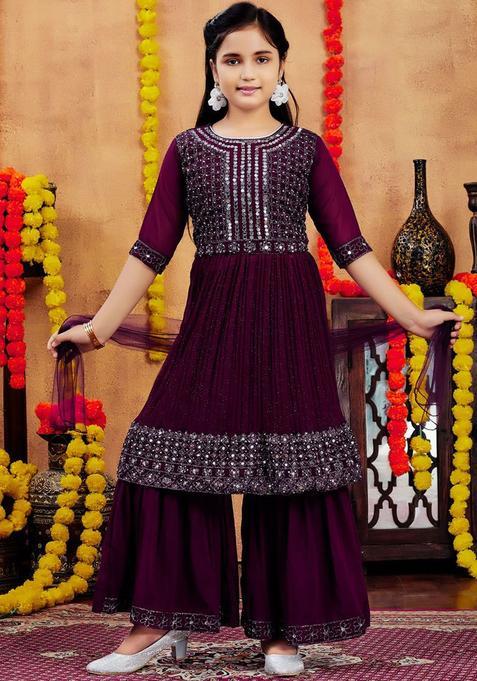Purple Embroidered Georgette Anarkali Kurta Set For Girls — view on Indya