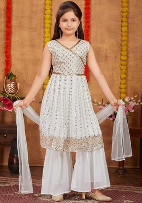 Off White Embroidered Georgette Kurta Set For Girls