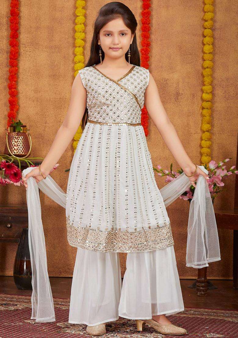 Off White Embroidered Georgette Kurta Set For Girls - Indya