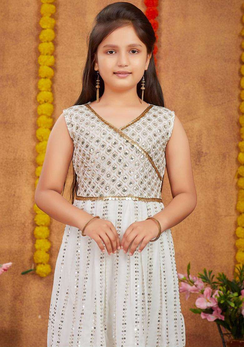 Off White Embroidered Georgette Kurta Set For Girls - Indya