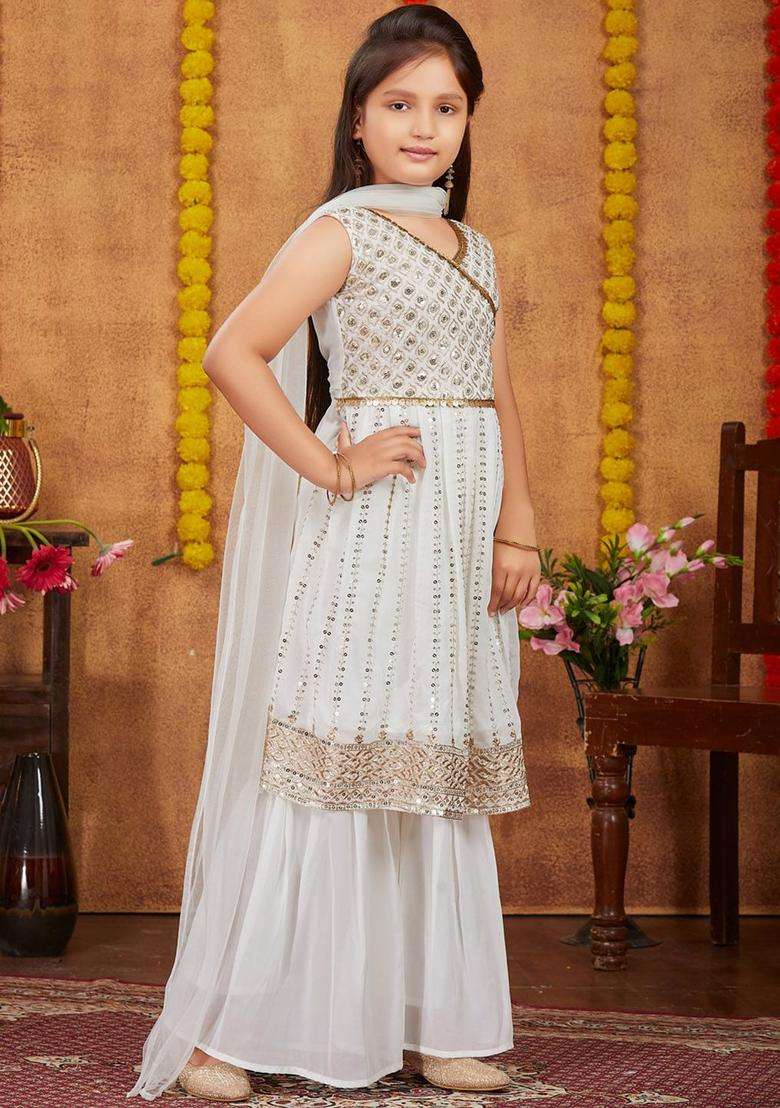 Off White Embroidered Georgette Kurta Set For Girls - Indya