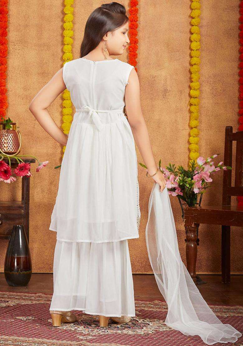 Off White Embroidered Georgette Kurta Set For Girls - Indya