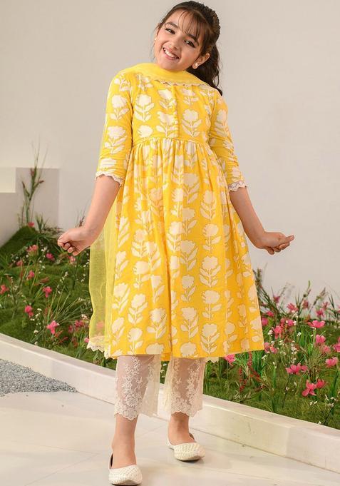 Yellow Printed Cotton Kurta Set For Girls — view on Indya