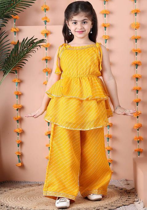 Yellow Striped Cotton Kurta Set For Girls — view on Indya