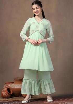 Green Printed Georgette Kurta Set For Girls