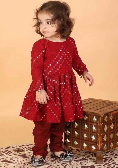 Maroon Embroidered Georgette Kurta Set For Girls — view on Indya