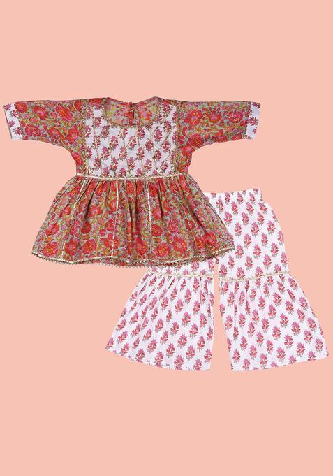 Red Printed Cotton Anarkali Kurta Set For Girls — view on Indya