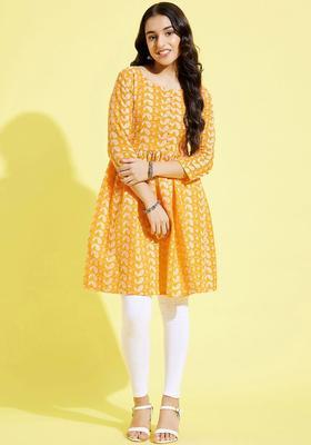 Orange Embroidered Cotton Kurta Set For Girls