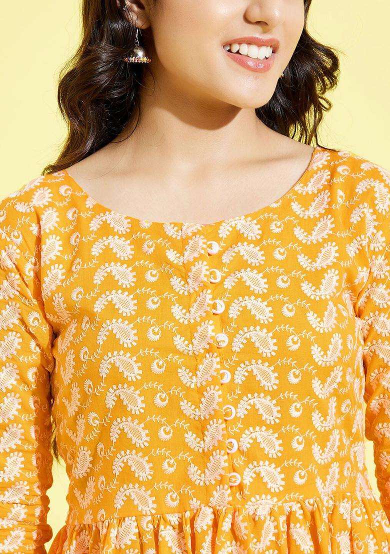 Orange Embroidered Cotton Kurta Set For Girls - Indya