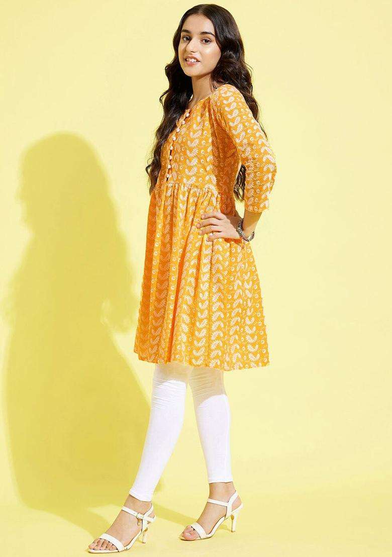 Orange Embroidered Cotton Kurta Set For Girls - Indya