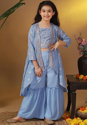 Blue Embroidered Georgette Kurta Set For Girls