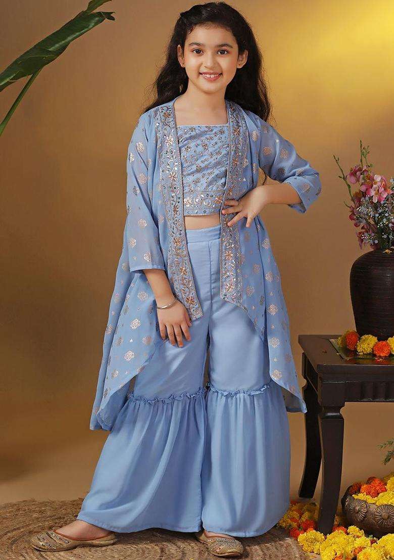 Blue Embroidered Georgette Kurta Set For Girls - Indya