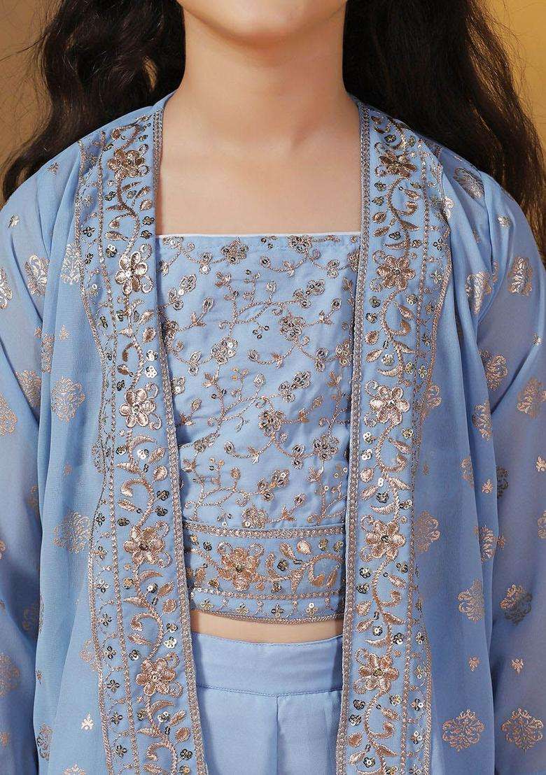 Blue Embroidered Georgette Kurta Set For Girls - Indya
