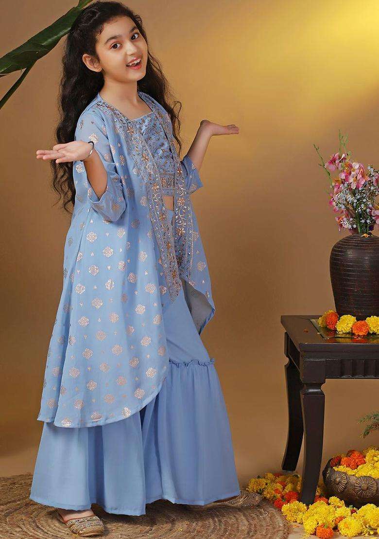 Blue Embroidered Georgette Kurta Set For Girls - Indya