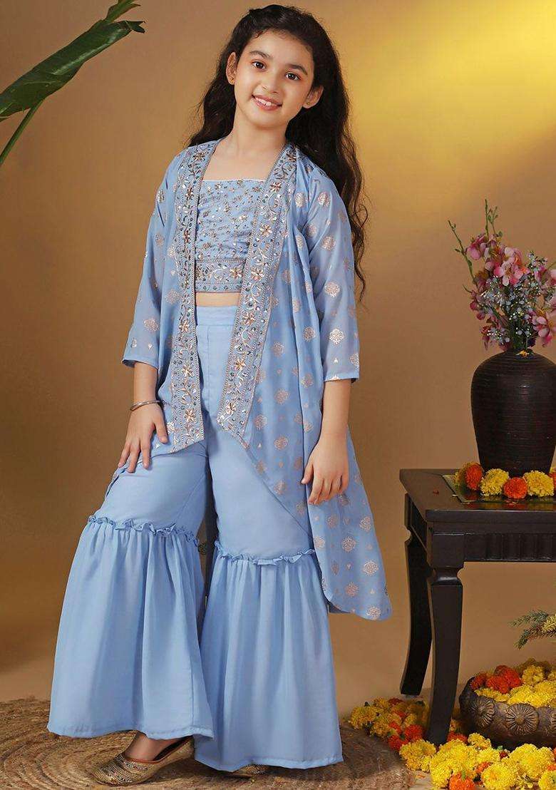 Blue Embroidered Georgette Kurta Set For Girls - Indya