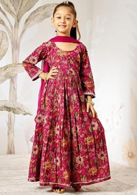 Fuchsia Printed Cotton Anarkali Kurta Set For Girls