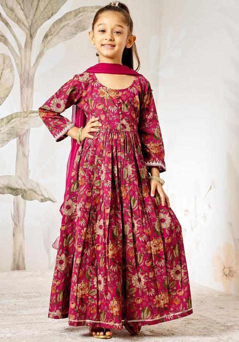 Fuchsia Printed Cotton Anarkali Kurta Set For Girls — view on Indya