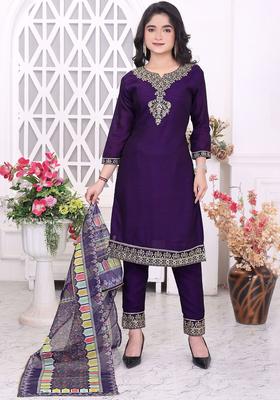 Purple Embroidered Silk Kurta Set For Girls