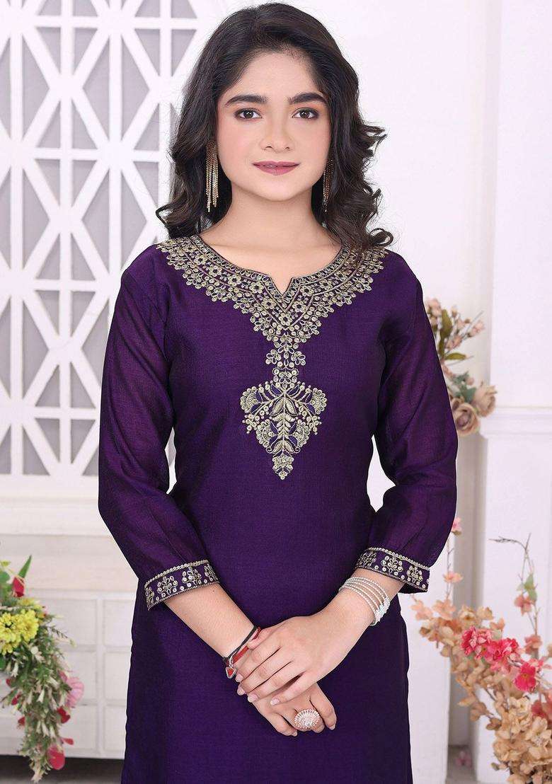 Purple Embroidered Silk Kurta Set For Girls - Indya