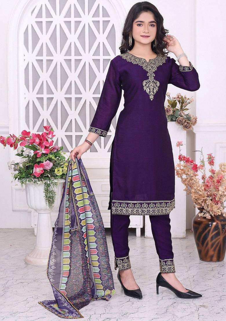 Purple Embroidered Silk Kurta Set For Girls - Indya